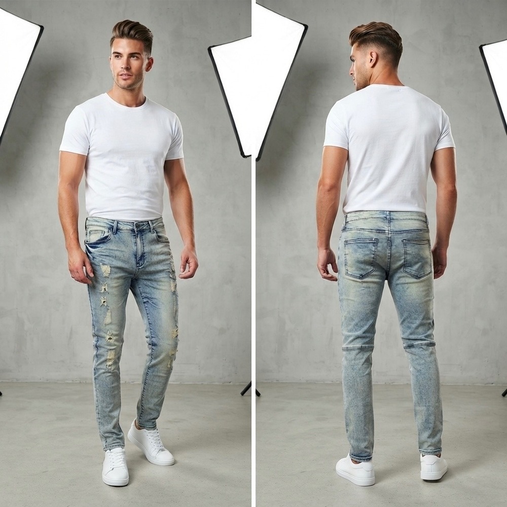 Reason Brand Mens Skinny Jeans 36x32 Blue Distressed Moto Denim RR5-207 NEW
